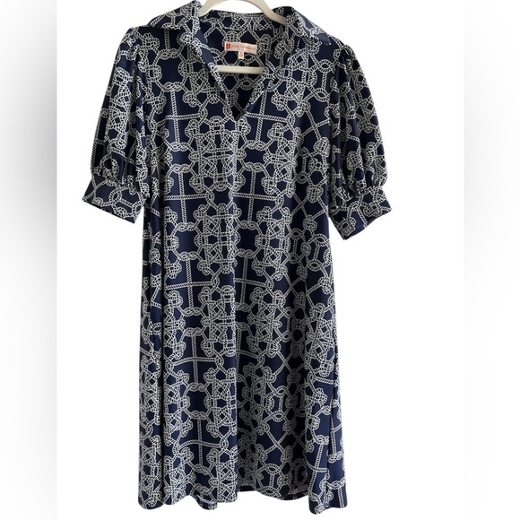 Jude Connally Dresses & Skirts - Jude Connally Lattice Ropes Navy and White Geometric Dress XS